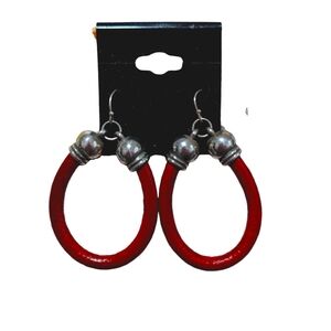 Vintage Red Leather Hoop Earrings w/ Silver-Tone Accents